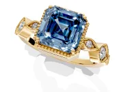 Vintage Station Engagement Ring Setting for Fancy Blue Asscher Cut Center with Accents and Prong Head in Yellow Gold