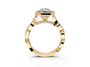 Halo Engagement Ring Setting for Radiant Cut Center with Twist Band and Prong Head in Yellow Gold