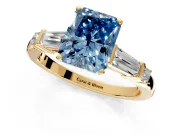 Bar-Set Engagement Ring Setting for Fancy Blue Radiant Cut Center with Tapered Baguette Accents and Prong Head in Yellow Gold