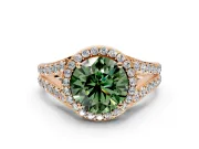 Halo Engagement Ring Setting for Fancy Green Round Cut Center with Narrow Pave Split Shank and Prong Head in Rose Gold
