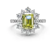 Floral Halo Engagement Ring Setting for Fancy Yellow Emerald Cut Center with Pave Accents and Prong Head in Sterling Silver