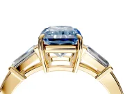 3 Stone Engagement Ring Setting for Fancy Blue Radiant Cut Center with Baguette Accents and Prong Head in Yellow Gold