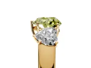 3 Stone Engagement Ring Setting for Fancy Yellow Heart-Shaped Center with Raised Basket Heads and Prong Head in Yellow Gold