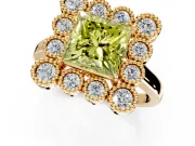 Cluster Halo Engagement Ring Setting for Fancy Yellow Princess Cut Center with Milgrain Bezel Accents and Prong Head in Yellow Gold