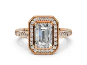 Milgrain Halo Engagement Ring Setting for Emerald Cut Center with Three-Sided Pave Band and Prong Head in Rose Gold
