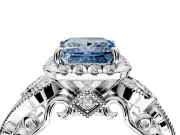 Milgrain Halo Engagement Ring Setting for Fancy Blue Princess Cut Center with Shoulder Bezels and Prong Head in White Gold