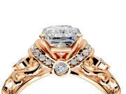 Solitaire Engagement Ring Setting for Radiant Cut Center with Filigree Band and Prong Head in Rose Gold