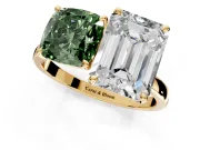 Fancy Green Cushion Cut and Emerald Cut Lab-Grown Diamond Toi et Moi Engagement Ring with Prong-Set Stones in Yellow Gold