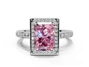Halo Engagement Ring Setting for Fancy Pink Radiant Cut Center with Metal-Rimmed Halo, Pave Band and Prong Head in Platinum