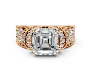 Pave Engagement Ring Setting for Asscher Cut Center with Curved Accent Rows, Openwork and Prong Head in Rose Gold
