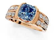 Bezel Engagement Ring Setting for Fancy Blue Cushion Cut Center with Wide Channel-Set Band and Bezel Head in Rose Gold