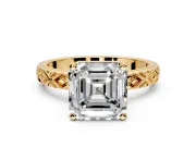Solitaire Engagement Ring Setting for Asscher Cut Center with Milgrain X Pattern Band and Prong Head in Yellow Gold