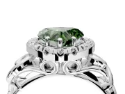 Halo Engagement Ring Setting for Fancy Green Heart-Shaped Center with Open Scroll Shoulders and Prong Head in Sterling Silver