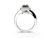 Halo Engagement Ring Setting for Fancy Green Emerald Cut Center with Metal-Rimmed Halo, Pave Band and Prong Head in White Gold