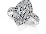 Milgrain Halo Engagement Ring Setting for Marquise Center with Pave Band and Prong Head in Platinum