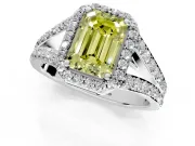 Halo Engagement Ring Setting for Fancy Yellow Emerald Cut Center with Narrow Pave Split Shank and Prong Head in Platinum