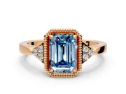 Cluster Engagement Ring Setting for Fancy Blue Emerald Cut Center with Milgrain Shoulder Clusters and Prong Head in Rose Gold