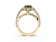 Halo Engagement Ring Setting for Fancy Green Round Cut Center with Framed Halo, Pave Band and Prong Head in Yellow Gold