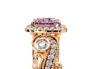 Milgrain Halo Engagement Ring Setting for Fancy Pink Radiant Cut Center with Shoulder Bezels and Prong Head in Rose Gold