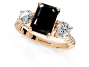 3 Stone Engagement Ring Setting for Fancy Black Emerald Cut Center with Crossover Basket, Pave Band and Prong Head in Rose Gold