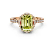 Halo Engagement Ring Setting for Fancy Yellow Emerald Cut Center with Openwork Halo, Pave Band and Prong Head in Rose Gold