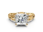 Solitaire Engagement Ring Setting for Princess Cut Center with Filigree Accent Basket and Prong Head in Yellow Gold