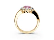 Halo Engagement Ring Setting for Fancy Pink Cushion Cut Center with Milgrain Channel Band and Prong Head in Yellow Gold