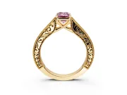 Solitaire Engagement Ring Setting for Fancy Pink Emerald Cut Center with Engraved Pave Band and Prong Head in Yellow Gold