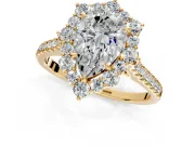 Halo Engagement Ring Setting for Pear-Shaped Center with Single-Row Pave, Open Basket and Prong Head in Yellow Gold