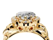 Halo Engagement Ring Setting for Heart-Shaped Center with Open Scroll Shoulders and Prong Head in Yellow Gold