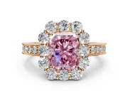 Halo Engagement Ring Setting for Fancy Pink Radiant Cut Center with Milgrain Channel Band and Prong Head in Rose Gold