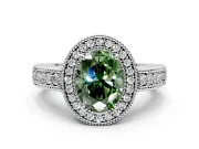 Milgrain Halo Engagement Ring Setting for Fancy Green Oval Center with Pave Band and Prong Head in White Gold