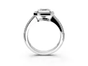 Milgrain Halo Engagement Ring Setting for Asscher Cut Center with Three-Sided Pave Band and Prong Head in White Gold