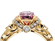 Solitaire Engagement Ring Setting for Fancy Pink Emerald Cut Center with Filigree Band and Prong Head in Yellow Gold