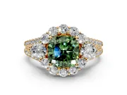 Halo Engagement Ring Setting for Fancy Green Cushion Cut Center with Two-Strand Split Shank and Prong Head in Yellow Gold
