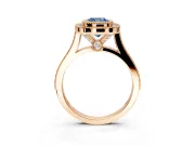Halo Engagement Ring Setting for Fancy Blue Cushion Cut Center with Milgrain Frame, Pave Band and Prong Head in Rose Gold