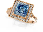 Halo Engagement Ring Setting for Fancy Blue Princess Cut Center with Milgrain Rim, Pave Band and Prong Head in Rose Gold