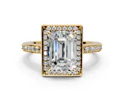 Halo Engagement Ring Setting for Emerald Cut Center with Metal-Rimmed Halo, Pave Band and Prong Head in Yellow Gold
