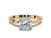 Solitaire Engagement Ring Setting for Cushion Cut Center with Carved Leaf Shoulders and Prong Head in Yellow Gold