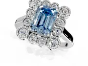 Cluster Halo Engagement Ring Setting for Fancy Blue Emerald Cut Center with Milgrain Bezel Accents and Prong Head in White Gold