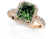 Halo Engagement Ring Setting for Fancy Green Radiant Cut Center with Heart-Shaped Openwork, Pave Band and Prong Head in Rose Gold