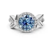 Halo Engagement Ring Setting for Fancy Blue Round Cut Center with Floral Band and Prong Head in Sterling Silver