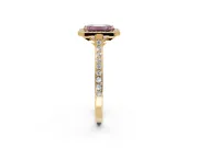 Halo Engagement Ring Setting for Fancy Pink Emerald Cut Center with Pave Accents, Heart Basket and Prong Head in Yellow Gold
