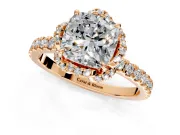 Halo Engagement Ring Setting for Cushion Cut Center with Openwork Halo, Pave Band and Prong Head in Rose Gold