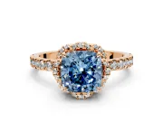 Halo Engagement Ring Setting for Fancy Blue Cushion Cut Center with Openwork Halo, Pave Band and Prong Head in Rose Gold