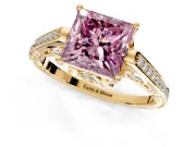 Cathedral Engagement Ring Setting for Fancy Pink Princess Cut Center with Antique-Style Pave Band and Prong Head in Yellow Gold