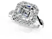 Halo Engagement Ring Setting for Asscher Cut Center with Twist Band and Prong Head in Platinum