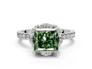 Halo Engagement Ring Setting for Fancy Green Princess Cut Center with Openwork Halo, Pave Band and Prong Head in Platinum