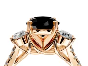 3 Stone Engagement Ring Setting for Fancy Black Round Cut Center with Crossover Basket, Pave Band and Prong Head in Rose Gold