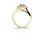 Milgrain Floral Halo Engagement Ring Setting for Fancy Pink Cushion Cut Center with Pave Band and Prong Head in Yellow Gold